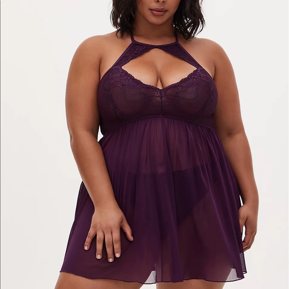 Grape Purple Lace & Mesh High Neck Keyhole Babydoll (Torrid)